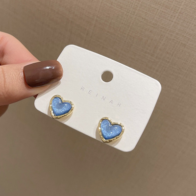 New Fashion Blue Loving Heart Stud Earrings South Korea Dongdaemun Petite Earrings Fashion Trending Earring with Same Kind Women