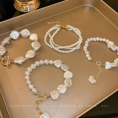 Irregular Pearl T-Shaped Buckle Bracelet French Fashion Design Vintage Love Bracelet Online Influencer Refined Bracelet for Women