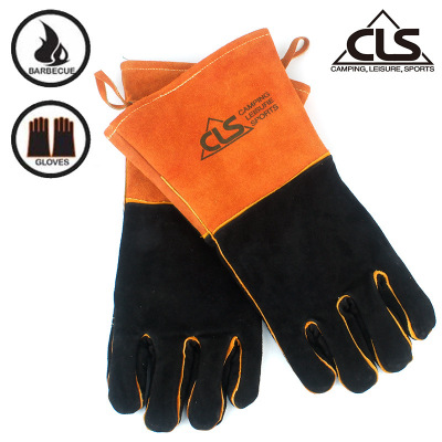 Outdoor BBQ Gloves Camping Fire Barbecue Cowhide High Temperature Resistant Thermal Insulation Thickening Lengthened Welding Protective Gloves