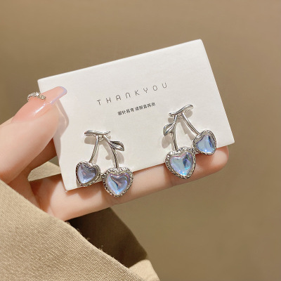 Silver Needle Moonstone Geometric Pearl Love Cherry-Shaped Earrings Fashion Temperamental Minority Design Sense Earrings All-Match Earrings