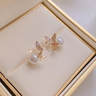 High-End Light Luxury Micro-Inlaid Butterfly Zircon Earrings Women's Cold Style Simple Pearl Earrings Internet Celebrity Same Style Ear Rings