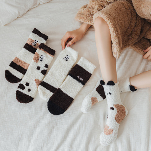 Winter New Panda Coral Cashmere Socks Plush Socks Cute Black and White Cartoon Women‘s Socks Warm Thick Socks