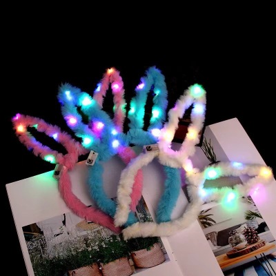 Cross-Border New Arrival Luminous Plush Rabbit Ears Hair Hoop Light Hairpin Flash Rabbit Ears Head Buckle Night Market Stall Supply