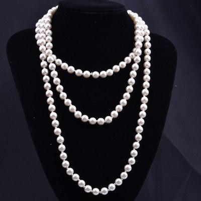 European and American Fashion Glass Imitation Pearl Necklace Women's Simple Knot Multi-Layer Long Sweater Chain Clothing Accessories Wholesale