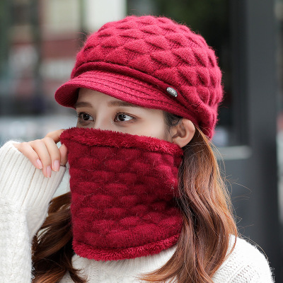 Autumn and Winter Women's Outdoor Riding Cold-Proof Scarf Set Cap Knitted Earflaps Beret Pullover Hat Wholesale