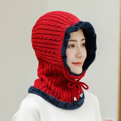 Autumn and Winter Wool Hat Twist Drawstring Ear Protection plus Velvet Warm Knitted Hat Female Cycling Sleeve Cap