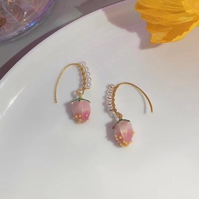 Summer New Strawberry Beads Ear Hook Female Sterling Silver Needle Korean Style Internet Celebrity Cute and Sweet Earrings Earrings Female