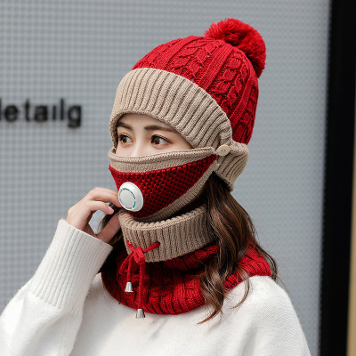 Autumn and Winter New Women's Hat Fur Ball Sleeve Cap Scarf Mask Three-Piece Suit Warm-Keeping and Cold-Proof Knitted Hat for Women