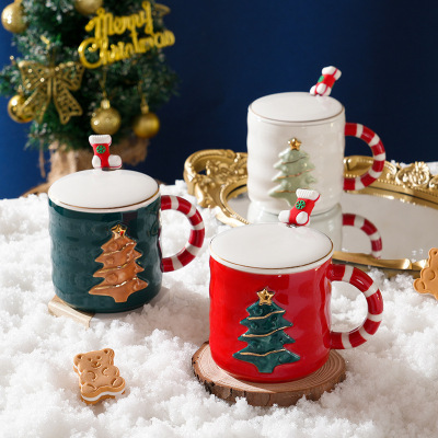 Creative Cartoon Christmas Tree Ceramic Mug Girl Office Relief Coffee Cup Student Gift Christmas Cup