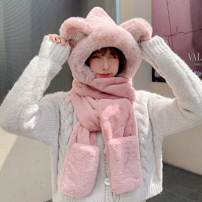 New Korean Style Plush Warm Autumn and Winter Women's Ear Style Gloves Scarf Hat One-Piece Three-Piece Suit Fashion Wholesale