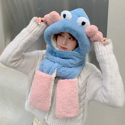 New Women's Autumn and Winter Women's Cotton Velvet Cute Cartoon Color Matching Gloves Scarf Hat One-Piece Suit Fashion