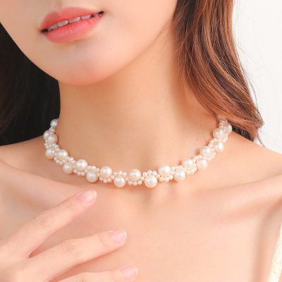 Aiqi Yan Freshwater Pearl Woven 3-9mm Pearl Necklace Ins Minority Simple Graceful Online Influencer Clavicle Chain