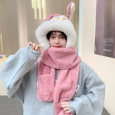 Online Influencer Cute Ears Moving Autumn and Winter Outdoor Keep Warm Three-Piece Hat Scarf Gloves New Cartoon Pullover