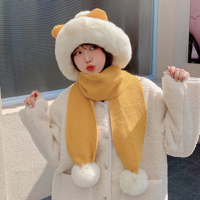 Autumn and Winter Japanese Cute Women's Ear Fur Ball Outdoor Keep Warm One-Piece Scarf Two-Piece Set New Pullover Hat