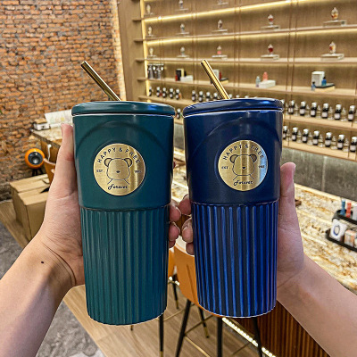 Internet Celebrity Ins Large Capacity Ceramic Coffee Cup Trendy Cool Cartoon Handy Ceramic Cup Water Cup Good-looking Straw Cup