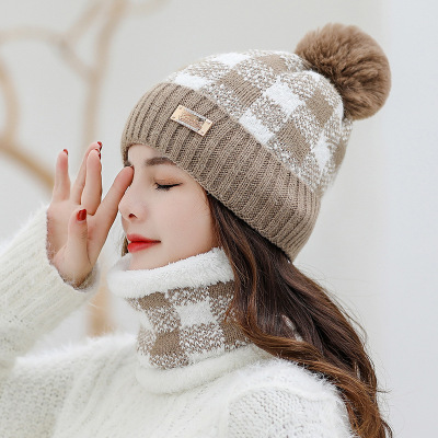 Hat Female Winter Woolen Hat plus Fluff Knitted Hat Warm Ear Protection Bandana Two-Piece Set Fluffy Ball Cap Sleeve Cap