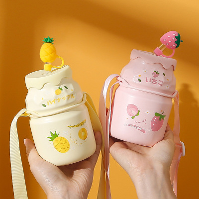 Cartoon Porcelain Cup Lid Straw Good-looking Girl Drinking Bottle Summer Cute Fruit Strawberry Mug Couple's Cups