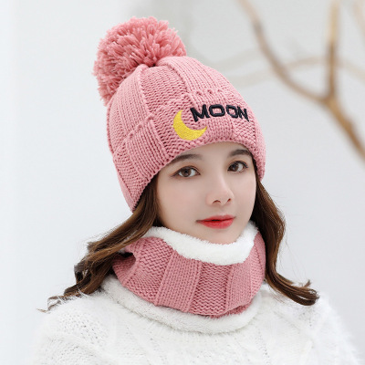 Autumn and Winter Hat Scarf Two-Piece Set Women's Fleece-Lined Scarf Fluffy Ball Cap Sweet Knitted Pullover Earflaps Cap