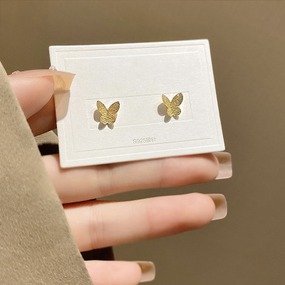 Sterling Silver Needle Butterfly Partial Mini Butterfly Small Ear Studs Fairy Temperamental Frosty Style Earrings Three-Dimensional All-Match Earrings