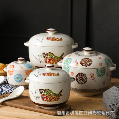 Japanese Ceramic Tableware Hand Painted Waterproof with Lid Buddha Jumps over the Wall Dessert Soup Bowl Tureen Bird's Nest Stewpot Antique Stew Soup Cup Tureen