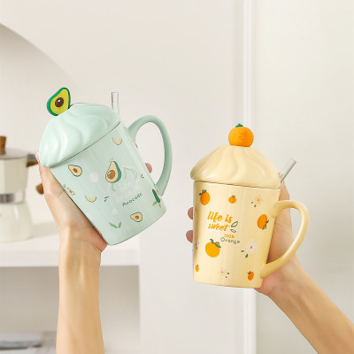 Summer Cute Ceramic Cup Pink Fruit Cup with Lid and Straw High-Looking Milky Tea Cup Breakfast Cup Milk Cup