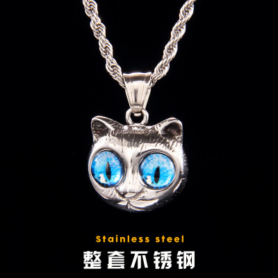 New Foreign Trade Amazon Stainless Steel Cute Cat Necklace Cartoon Sweet Blue Eyes Titanium Steel Pendant Niche Fashion