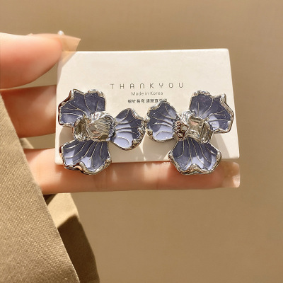 Blue Flower-De-Luce Zircon Earrings For Women Korean Special-Interest Design High-Grade Earrings Summer New Graceful Earrings Fashion
