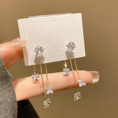 Sterling Silver Needle Design Sense a Two-Way Earrings Women's Long Tassel Super Flash Zircon Earrings Korean Online Influencer Earrings