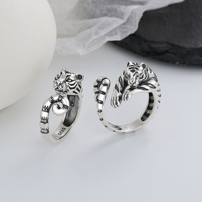 Chaosheng S925 Sterling Silver 2022 Zodiac Year Tiger Shape Open Ring Unique Natural Men and Women Forefinger Ring
