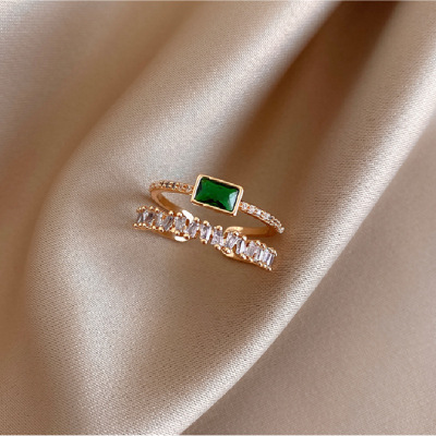 Simple Elegant Peacock Green Diamond Double-Layer Ring Female Ins Trendy Index Finger with Opening Ring Internet Celebrity Same Retro Style