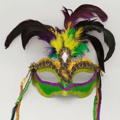 Hot Selling Ball Feather Painted Dusting Powder Gold Green Purple Tassel Mask Mardi Gras Mask for Carnival Party