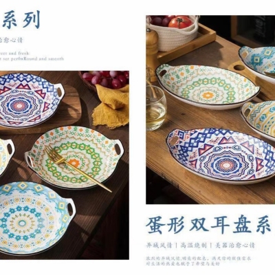 Bohemian Baking Tray Japanese Style Tableware Korean Hand Painted Bowl Plate Dish Tray Baking Tray Soup Plate Pizza Plate Salad Dish