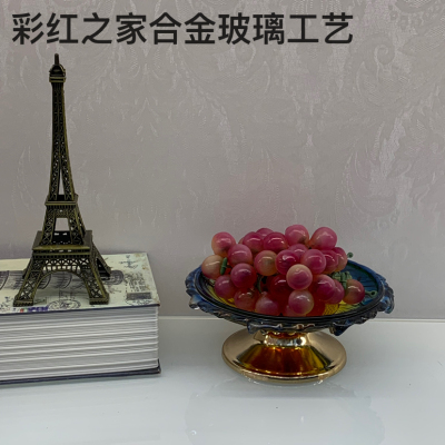 European-Style Glass Fruit Plate Colorful Metal Base Fruit Plate Creative Living Room and Tea Table Decoration Snack Dish