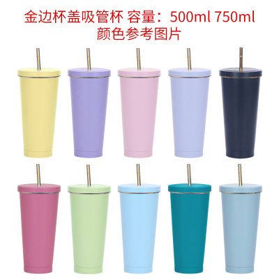 Foreign Trade 304 Stainless Steel Cup with Straw Cross-Border Large Capacity Vacuum Coffee Cup Portable Vehicle-Borne Cup Thermos Cup Gift