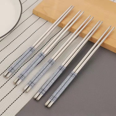 Steel Chopsticks Printing Thread Bare Stainless Steel Chopsticks round Household Chopsticks One Person Wholesale