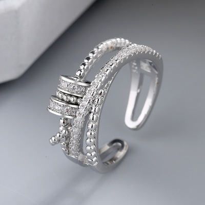 Cross-Border Hot European and American Double-Line Fashion Smart Ring Full Diamond Open Ring Women's Multi-Layer Rotating Adjustable Ring