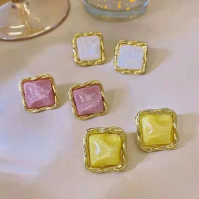 New Sterling Silver Needle Simple Graceful Colorful Square Button Stud Earrings For Women Korean Fashion Retro Girl Earrings Trendy