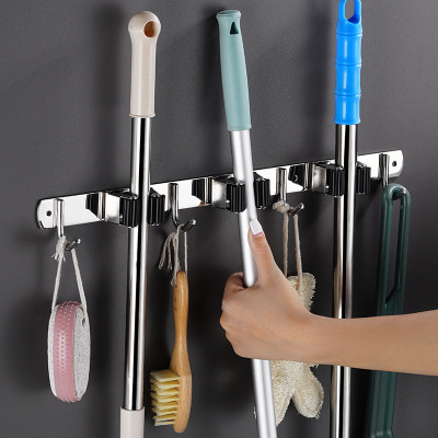 304 Stainless Steel Nail-Free Mop Rack Mop Hook Mop Clip Self-Adhesive Broom Mop Rack Multi-Functional Wall-Mounted
