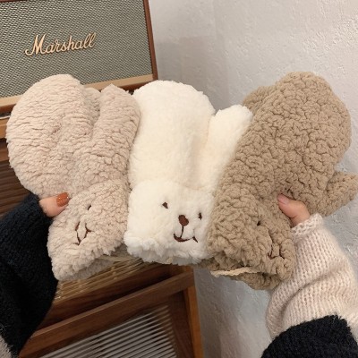 INS Cute Cartoon Bear Plush Gloves Female Winter Cycling Students Warm-Keeping Thickened Cold Protection Winter Tide