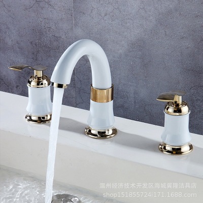 Copper Double Handle Three-Hole Basin Faucet European Gold Washbasin White Three-Piece Split Hot and Cold Faucet