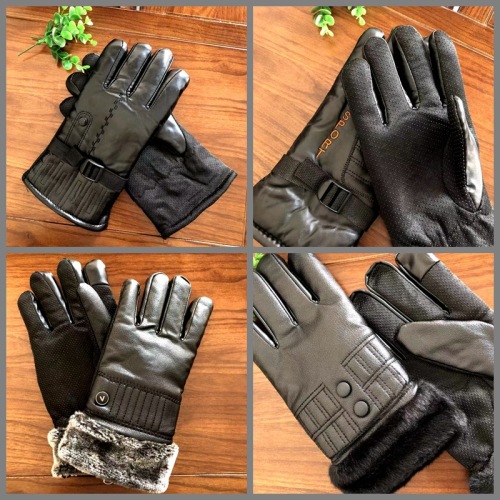 leather gloves men‘s winter thickened fleece-lined cold-proof non-slip cotton extra large finger motorcycle battery car gloves