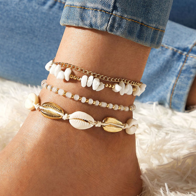 Amazon Cross-Border New Arrival Multi-Layer Anklet White Small Gravel Beach Shell Bead Braided Anklet 4-Piece Set