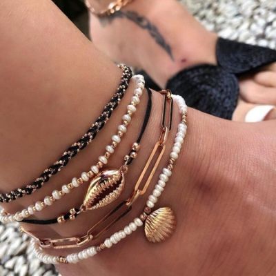 Europe and America Cross Border Ornament Handmade DIY Bead Shell Multi-Layer Anklet Chain Style Scallop Anklet 5-Piece Set for Women