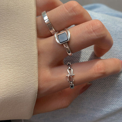 S925 Sterling Silver Black Agate Geometric Square Ring Light Luxury Women's Special-Interest Design Fashion Refined Personalized Simple