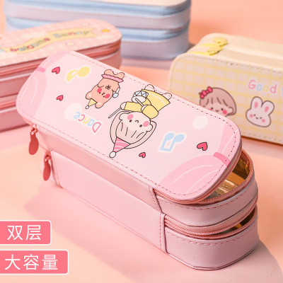 Layer Pencil Case Large Capacity Simple Canvas Japanese Ins Girl Primary School Student Cute Stationery Pencil Box