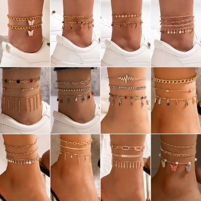 Amazon Cross-Border New Arrival Foot Ornaments Colorful Oil Necklace Chain Multi-Layer Anklet Diamond Butterfly Wafer Anklet