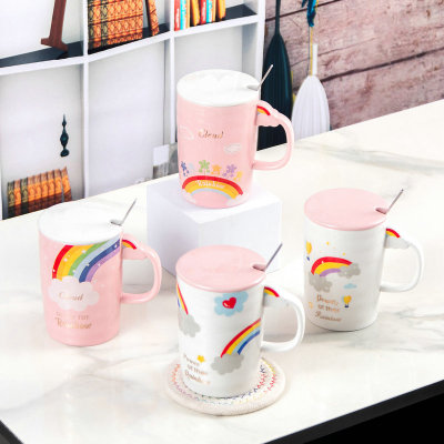 Creative Mug Pink Girl Heart Rainbow Cups Set with Cover with Spoon Ceramic Water Cup