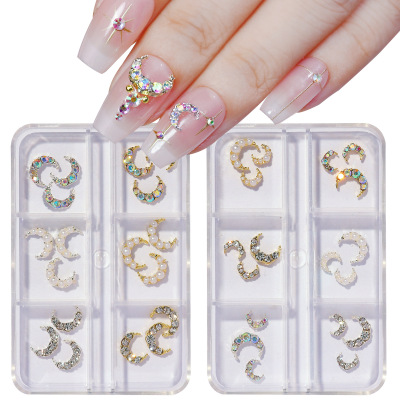 Cross-Border New Arrival Nail Ornament Wholesale Rhinestone Pearl Moon Light Luxury Crescent Beauty Girl Metal Alloy Nail Crystal