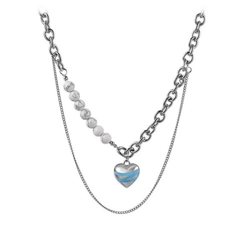 Drop Glaze Turquoise Heart-Shaped Stitching Necklace Women‘s New Fashion Clavicle Chain Ins Hip Hop High-Grade Double-Layer Sweater Chain