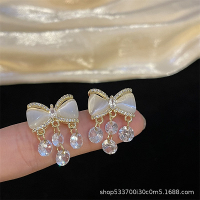 Bowknot Zircon Earrings Female Design Sense Internet Hot Eardrop Pendant New Personalized Silver Pin Earrings Wholesale